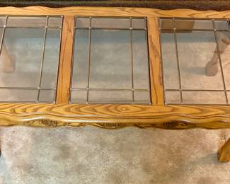 Carved Wood Leaded Glass Top Coffee Table.