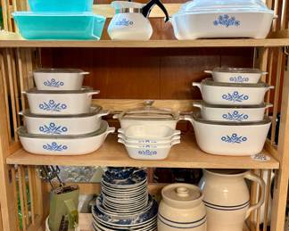 Vintage Kitchenware. Turquoise Pyrex. Cornflower Corning Ware. English Village Japan Plates. Vintage Marshall Pottery.