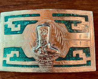 Vintage Mexican Belt Buckle with Inlaid Turquoise