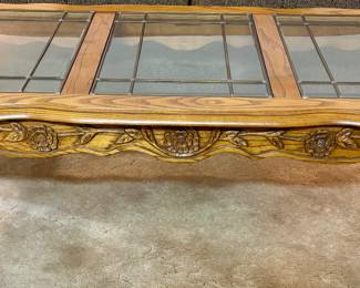 Carved Wood Leaded Glass Top Coffee Table.