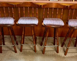 Vintage Oak Wood Swivel Bar Stools Rustic Country Colonial.