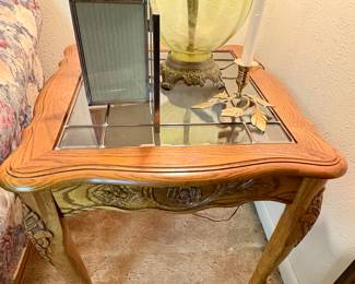 Mid Century Carved Wood, Leaded Glass Top End Tables. Set of 2