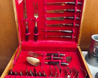 Mid Century Modern Vintage Brass and Wooden Flatware Cimplete Set
