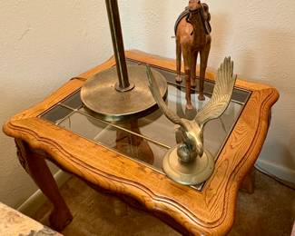 Mid Century Carved Wood, Leaded Glass Top End Tables. Set of 2