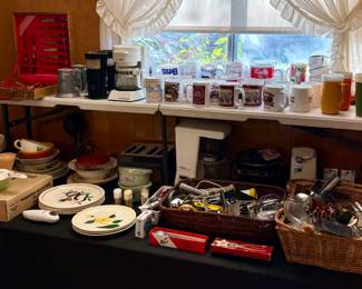 Assorted Mugs, Plates and Utensils.