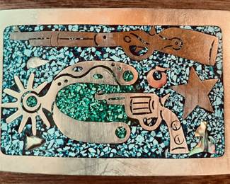 Vintage Western-style Belt Buckle With Crushed Turquoise Inlay.