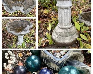 Bird Bath Base, 2 Tops Orbs