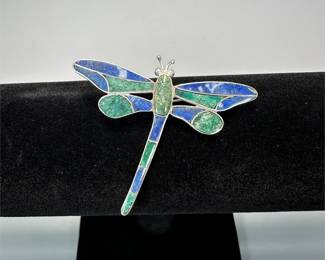 Vintage Silver Tone Dragonfly Pin/Pendant w/ Lapis Lazuli & Malachite Inlay