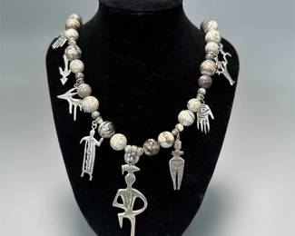 Silver Tone Tribal Statement Necklace w/ Stone Beads & Figurines