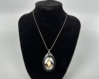 Silver Tone Large Modern Metal Pendant Necklace w/ Inlay