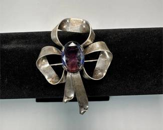 Vintage 1950s Sterling Silver Brooch w/ Faceted Red Crystal