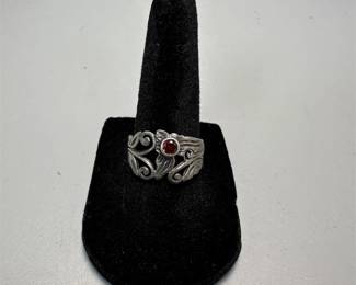 Contemporary Art Nouveau Style Silver Tone Ring w/ Garnet