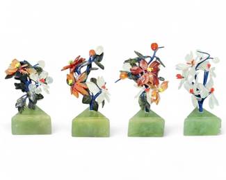 Set of Four Carved Semi-Precious Stone Floral Bonsai Sculptures