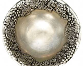 Grapes And Leaves Ornately Bordered Pewter Bowl