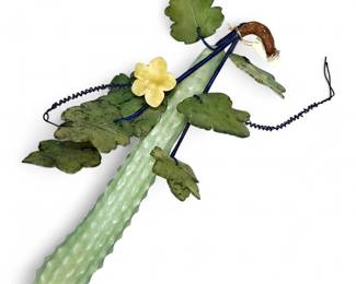 Asian Carved Jade Gourd With Carved Stone Leaves And Flower.