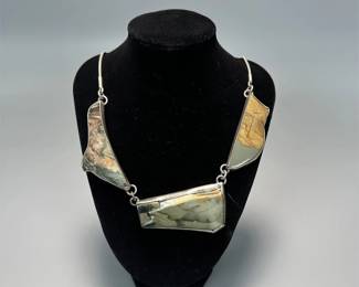 Silver Tone Modern Statement Necklace w/ Three Large Moss Agate Stones