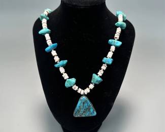 Puka Shell & Turquoise Nugget Necklace w/ Turquoise Pendant