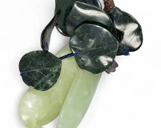 Two Carved Chinese Jade Pea Pods, With Carved Stone Leaves