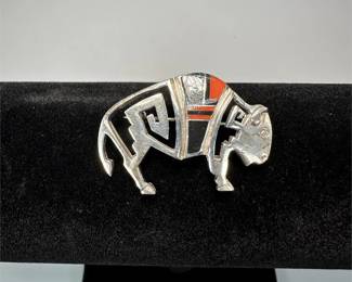 Stylized Southwest Buffalo Sterling Silver Brooch w/ Colorful Enameling