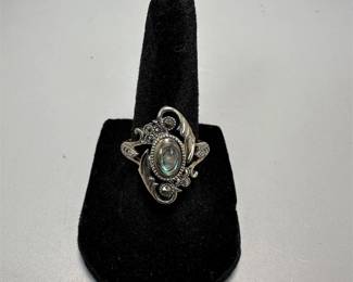 Ornate Silver Tone Ring w/ Abalone Center & Marcasites