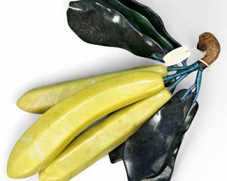 Bunch Of Carved Asian Nephrite Stone Bananas With Leaves