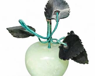 Asian Carved Jade Apple With Stone Leaves and Wrapped Wire Stem