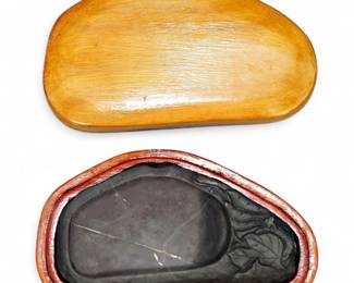 Antique Asian Carved Inkstone In Wooden Box