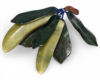 Bunch Of Carved Asian Nephrite Stone Bananas With Carved Jade Leaves