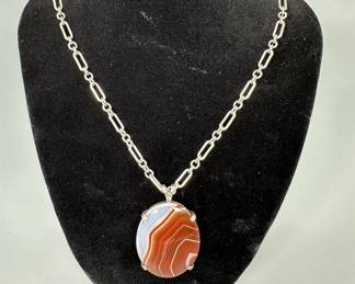 Agate Pendant Necklace On Silver Tone Paperclip Chain