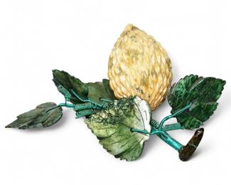 Chinese Carved Jade Custard Apple With Carved Stone Leaves