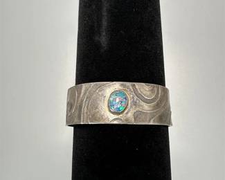 Silver Tone Open Bracelet w/ Mokume Gane Texturing & Abalone Inlay