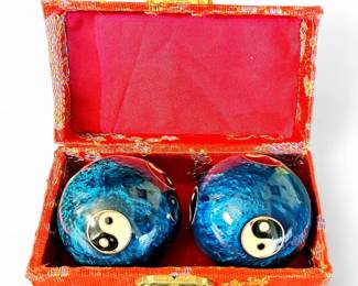 Vintage Blue Yin-Yang Baoding Balls in Red Fabric Box