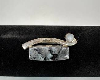 Modernist Stone & Pearl Brooch