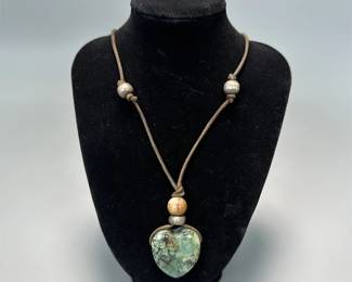 Rustic Handmade Leather Cord And Bead Pendant Necklace w/ Agate Stone Heart