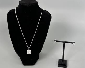 Square Cubic Zirconia Pendant Necklace w/ Cubic Zirconia Stud Earrings