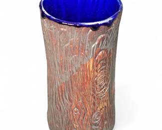 Handmade Ceramic Vase With Faux Wood Texture And Blue Glaze Interior