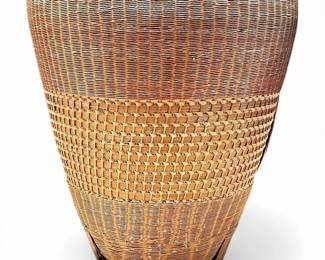Large Vintage Woven Wicker Basket With Intricate Criss-Cross Detailing