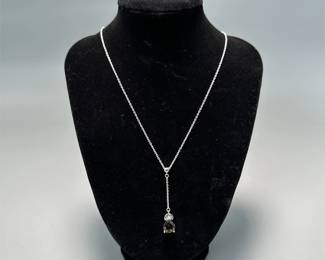 Modern Slender Silver Tone Lariat Necklace w/ Brown Topaz Teardrop