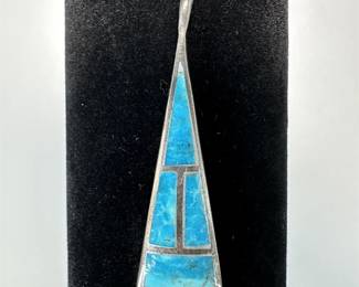 Silver Tone Triangular Pendant w/ Turquoise Inlay.