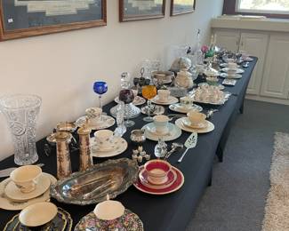 Bone china tea cups, crystal and silver plate