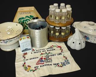 Vintage Kitchen Goods Lazy Susan Spice Rack, Cookie Cutters,  More