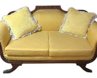 003 Antique Carved Wooden Yellow Sofa with Claw Feet, Victorian Style