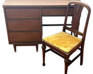 MCM Walnut Laminate Writing Desk w Yellow Velour Chair