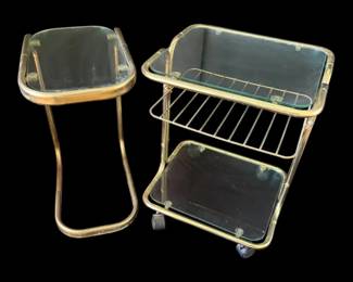 Vintage MCM Brass Glass Bar Or Serving Cart Table