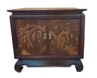 004 Broyhill Walnut Parquetry Asian Console Cabinet with Chinoiserie Scene
