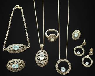 Sterling Silver Blue Gemstone Marcasite Jewelry 27.4g