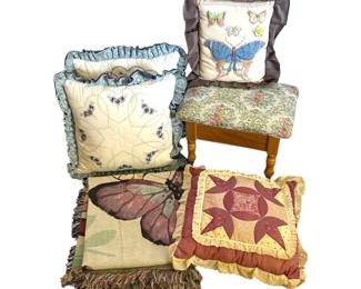 Footstool, Embroidered Quilted Pillows, and Butterfly Blanket