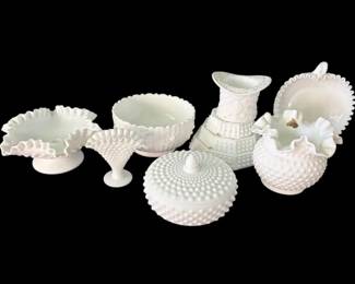Fenton Ruffled Hobnail Top Hat, Nesting Ashtrays, Ruffled Bowls, More Milk Glass