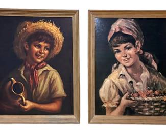 Vintage Tovine Country Boy Girl Framed Lithographs