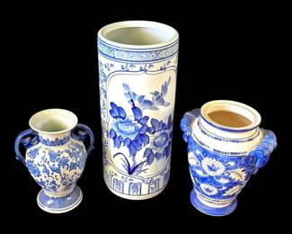 Blue White Floral Umbrella Stand and Vases